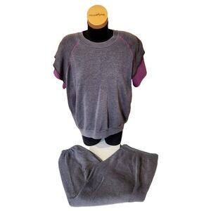 80s Gearing Up Short Sleeve Sweatshirt Top & Bottom Suit VTG Gray Purple Size Lg